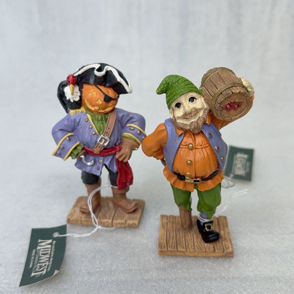 Creepy Hollow Halloween Village Pumpkin Head Pirate & Keg Pirate Figurines NOS